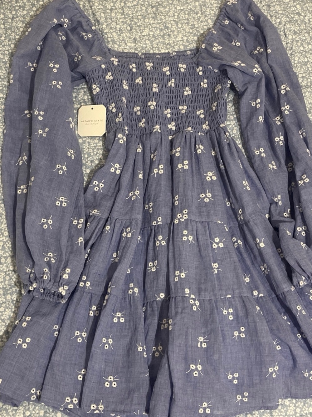 NWT- Altar'd State-Blue Smocked Floral Dress